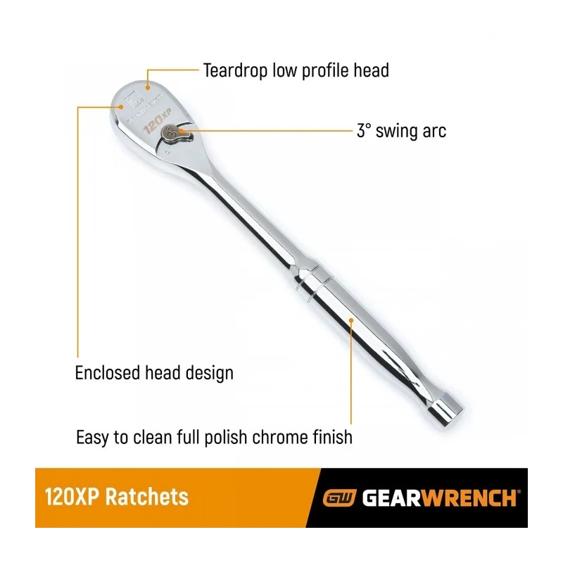 GearWrench 3/8 Inch Drive 120XP Teardrop Chrome Ratchet with Contoured Handle, 8.38in Overall Length 81211P