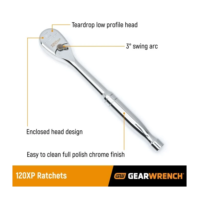 GearWrench 3/8 Inch Drive 120XP Teardrop Chrome Ratchet with Contoured Handle, 8.38in Overall Length 81211P