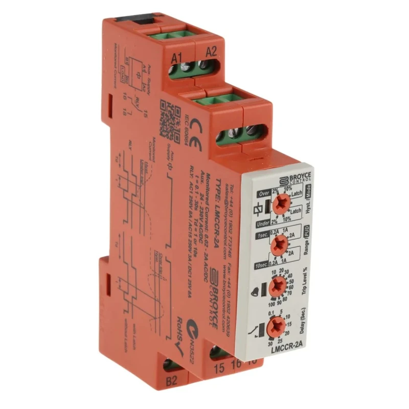 Broyce Control Monitoring Relay 3 Phase SPDT DIN Rail Mount, 0.02A Sensitivity, 25 V AC/DC, 230V AC LMCCR-2A 24-230VAC/DC