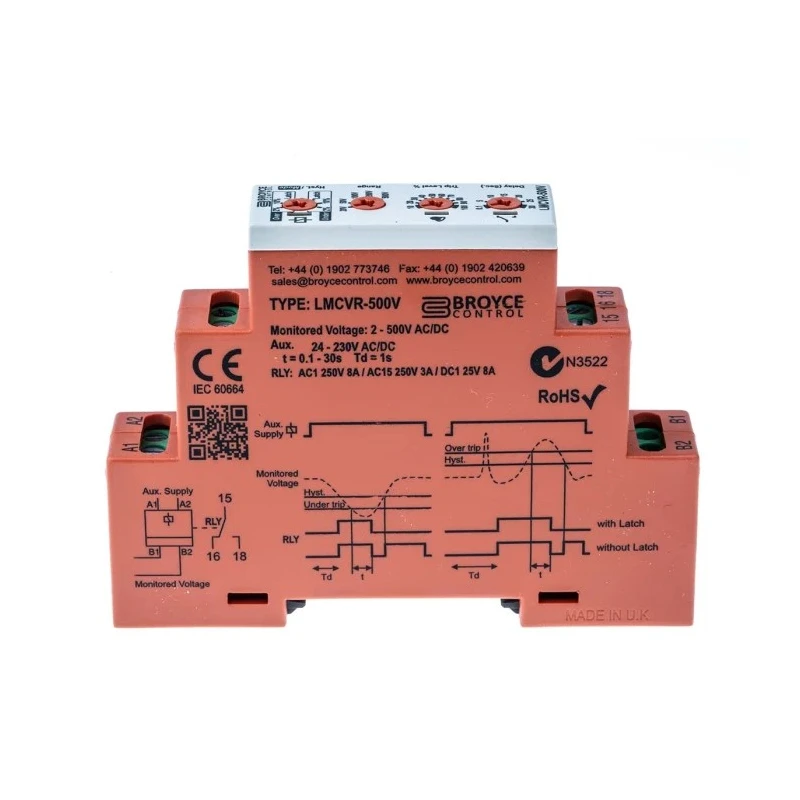 Broyce Control Monitoring Relay 3 Phase 2 to 500 V AC/DC Monitor Range SPDT DIN Rail Mount 230V AC LMCVR-500V 24-230VAC/DC