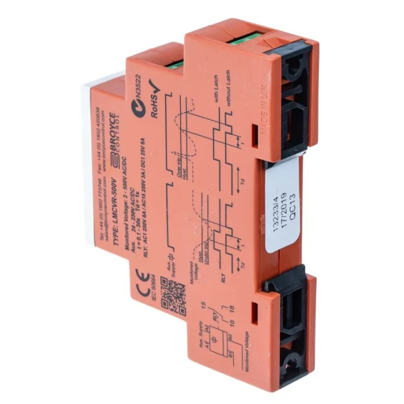 Broyce Control Monitoring Relay 3 Phase 2 to 500 V AC/DC Monitor Range SPDT DIN Rail Mount 230V AC LMCVR-500V 24-230VAC/DC