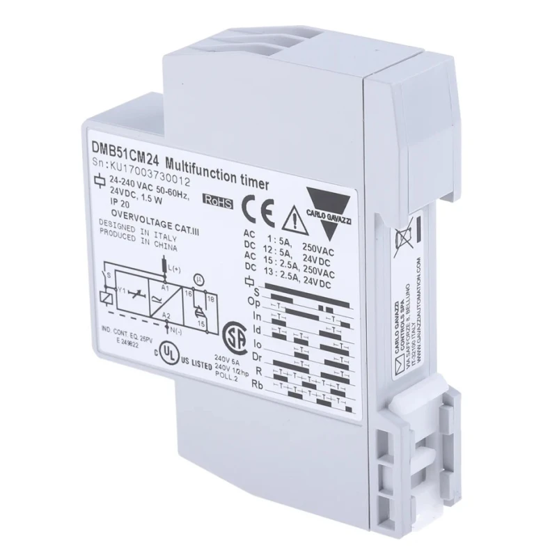 Carlo Gavazzi Multifunction DIN Rail Timer Relay 2-Contact, 12 to 240 V DC, 24V AC, 240 V AC, 0.1 s to 100 h DMB51CM24