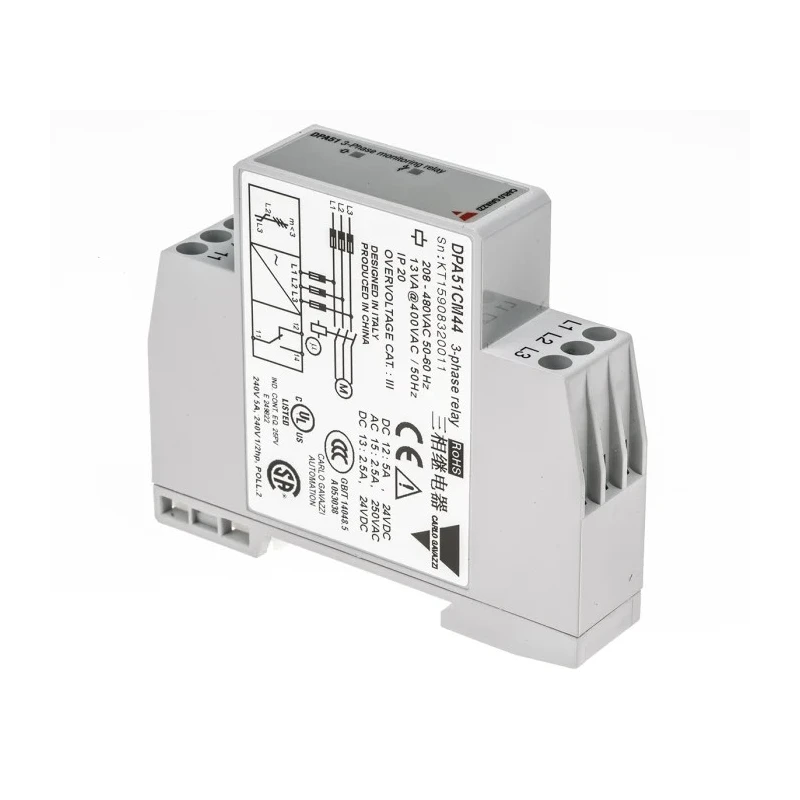 Carlo Gavazzi 3 Phase Monitoring Relay 177/550 V AC Monitor Range SPDT DIN Rail 208 V AC 480 V AC 24 V DC DPA51CM44