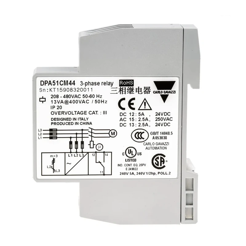 Carlo Gavazzi 3 Phase Monitoring Relay 177/550 V AC Monitor Range SPDT DIN Rail 208 V AC 480 V AC 24 V DC DPA51CM44