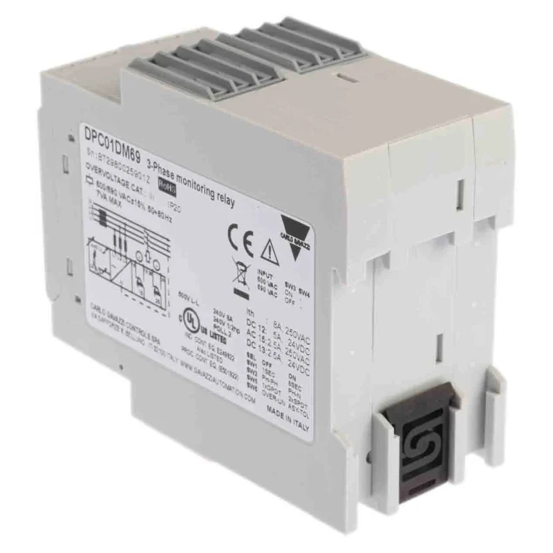 Carlo Gavazzi 3-Phase Monitoring Relay 510/793 V AC Monitor Range, SPDT Contact, DIN Rail Mount, 600 V AC, 690 V DPC01DM69