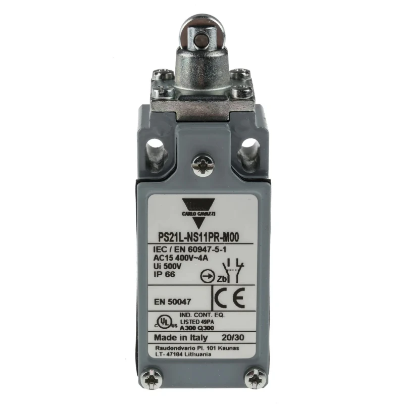 Carlo Gavazzi PS21L Series Roller Plunger Limit Switch 1 NO/1 NC IP66 Zinc Housing 400V AC 1.8A PS21L-NS11PR-M00