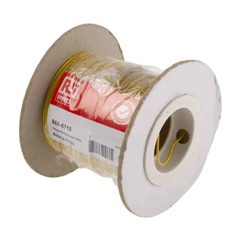 RS PRO Yellow 0.26 mm² Hook Up Wire, 23 AWG, 3/0.07 mm Stranded Copper Conductor, 100 m Length, Polyvinyl Chloride 860-6710