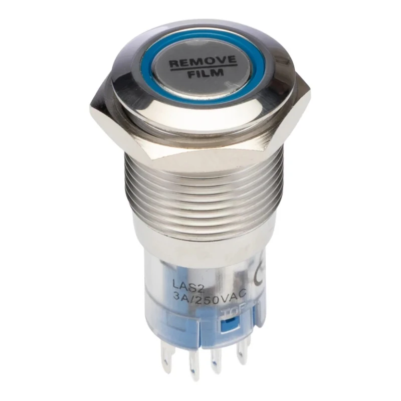 Bulgin Illuminated Push Button Switch Panel Mount 16.2 mm Cutout DPDT 3A Blue LED Latching MP0045