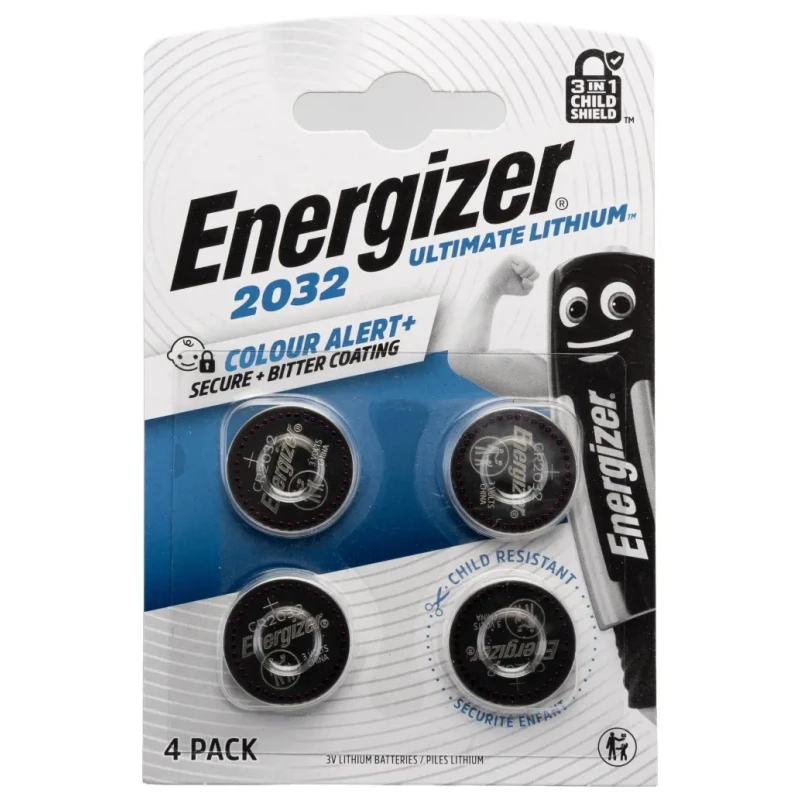 Energizer CR2032 Lithium Manganese Dioxide 3V Button Battery 20mm Diameter, 235mAh 4 Pack CR2032