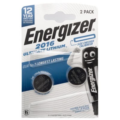Energizer CR2016 Lithium Manganese Dioxide Button Battery 3 V, 20 mm Diameter, 2 Pack CR2016