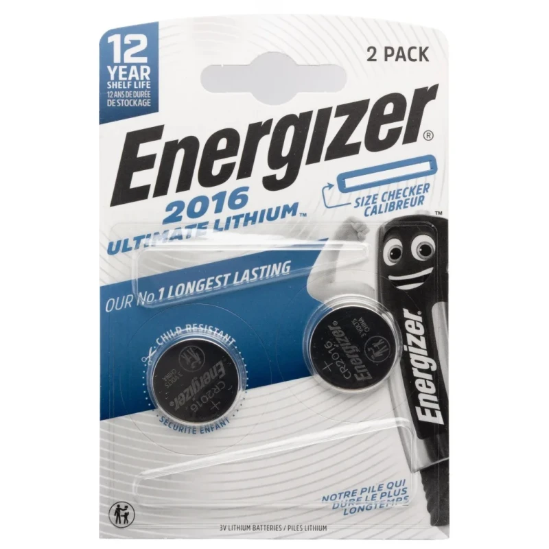 Energizer CR2016 Lithium Manganese Dioxide Button Battery 3 V, 20 mm Diameter, 2 Pack CR2016