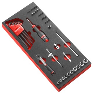 Facom 46-Piece 1/4 in 6 Point Socket Set MODM.R161-36, Chrome Vanadium Steel, Bright Chrome Finish