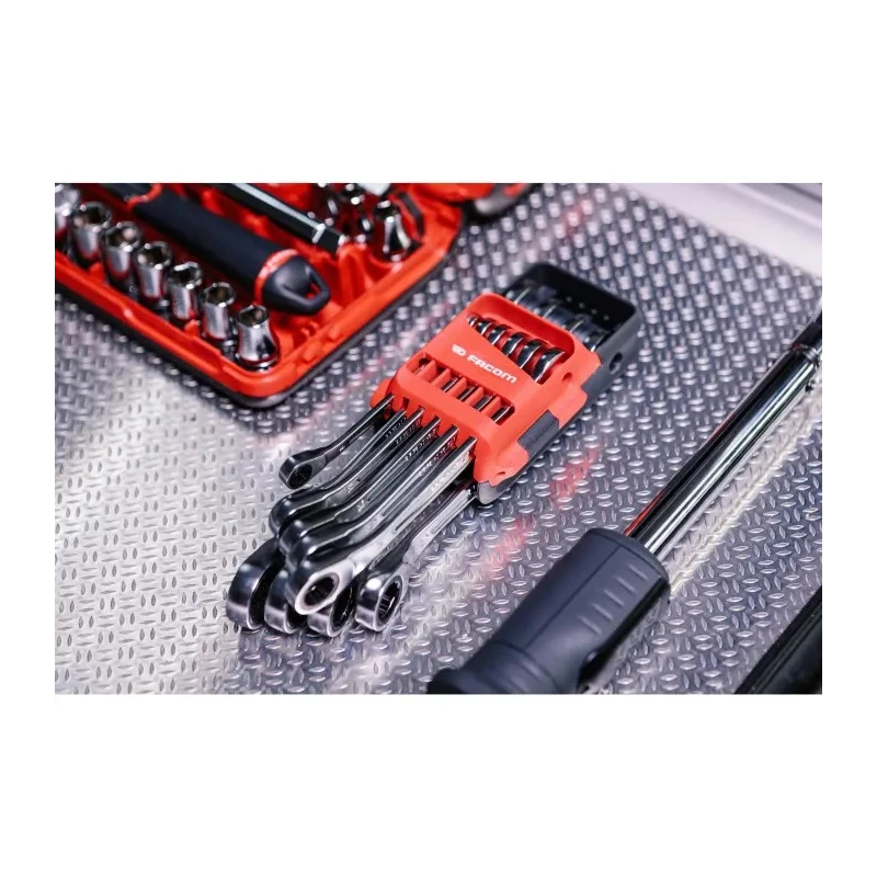 Facom 10-Piece Spanner Set 8 To 19 mm with 72-Tooth Rapid Reversible Ratchet Mechanism 467BR.JP10PB