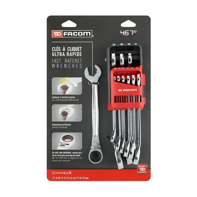Facom 10-Piece Spanner Set 8 To 19 mm with 72-Tooth Rapid Reversible Ratchet Mechanism 467BR.JP10PB