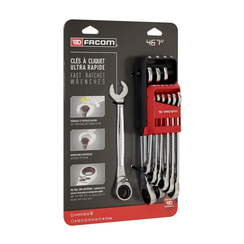 Facom 10-Piece Spanner Set 8 To 19 mm with 72-Tooth Rapid Reversible Ratchet Mechanism 467BR.JP10PB