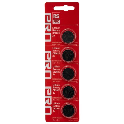 RS PRO Lithium Manganese Dioxide 3V Button Battery CR2025 20 mm Diameter, 5 Pack CR2025