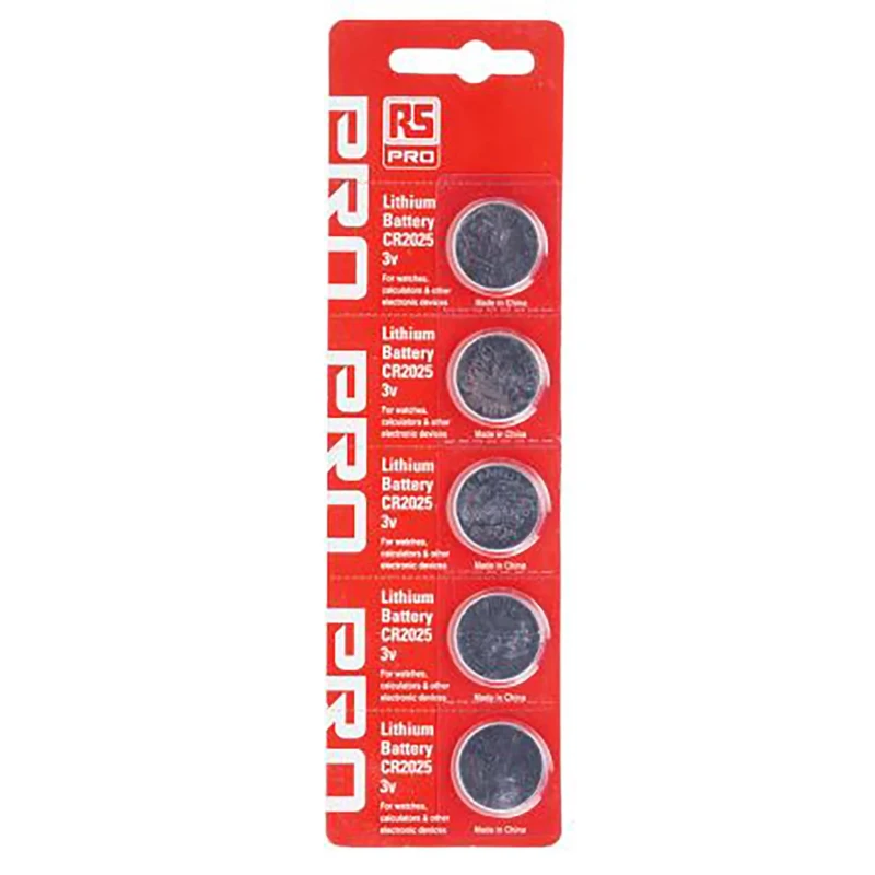 RS PRO Lithium Manganese Dioxide 3V Button Battery CR2025 20 mm Diameter, 5 Pack CR2025