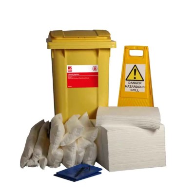 RS PRO Oil Spill Kit with 210 Litre Absorbent Capacity, Mobile Two-Wheeled Bin, 170 Pads, 6 Pillows, 5 Socks, 7 189-0070