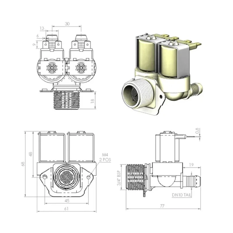 RS PRO Solenoid Valve 3 Port NC 230V AC/DC 3/4 in Inlet and Outlet 190-4144