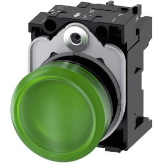 Siemens Panel Mount Green LED Pilot Light, 22 mm Cutout, 230V AC, IP20, Round 3SU1106-6AA40-1AA0