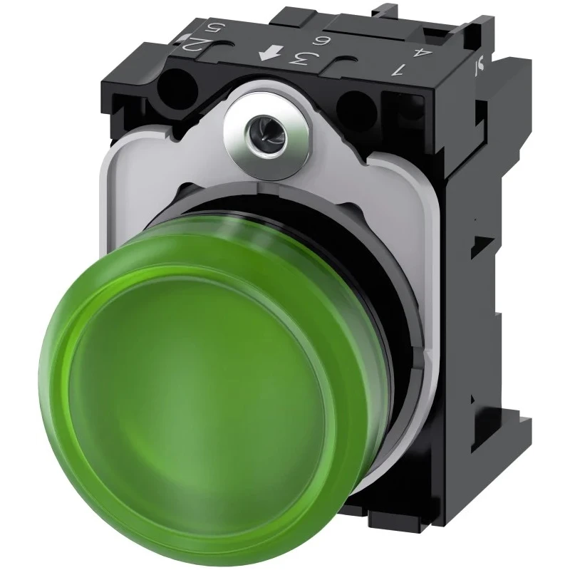 Siemens Panel Mount Green LED Pilot Light, 22 mm Cutout, 230V AC, IP20, Round 3SU1106-6AA40-1AA0