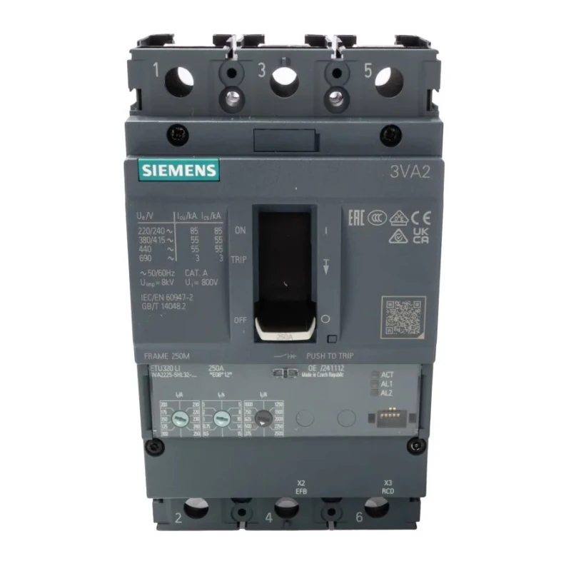 Siemens SENTRON 3VA Molded Case Circuit Breaker 3-Pole 250A 55kA Breaking Capacity Fixed Mount 3VA2225-5HL32-0AA0