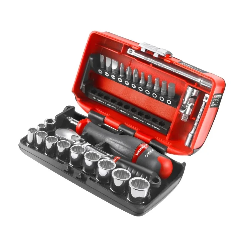 Facom 27-Piece 1/4 in 12 Point Socket & Bit Set RL.NANO112 Chrome Vanadium Steel, Bright Chrome Finish, 152mm Length