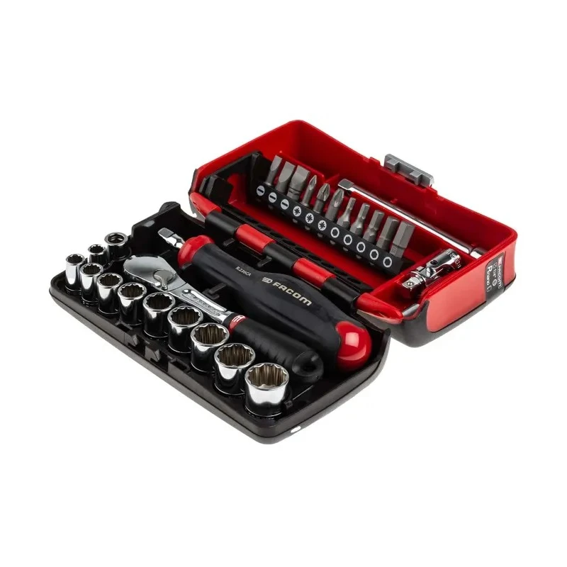 Facom 27-Piece 1/4 in 12 Point Socket & Bit Set RL.NANO112 Chrome Vanadium Steel, Bright Chrome Finish, 152mm Length