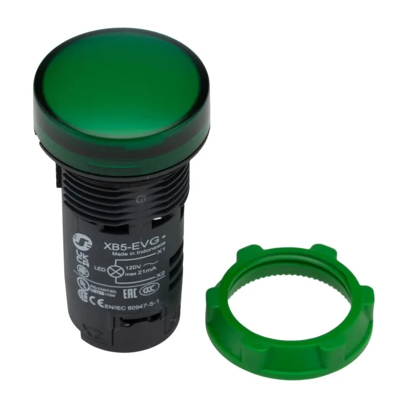 Schneider Electric Panel Mount Green LED Pilot Light Harmony XB5 22 mm Cutout 110V AC 120V AC IP66 Round XB5EVG3