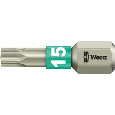 Wera Stainless Steel Screwdriver Bit, 6.35 mm Hex Drive, T15 Size, 25 mm Length 05071033001