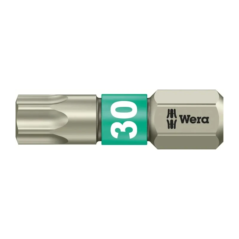 Wera Screwdriver Bit with 6.35 mm Hex Drive, T30 Size, 25 mm Overall Length, Stainless Steel 05071037001