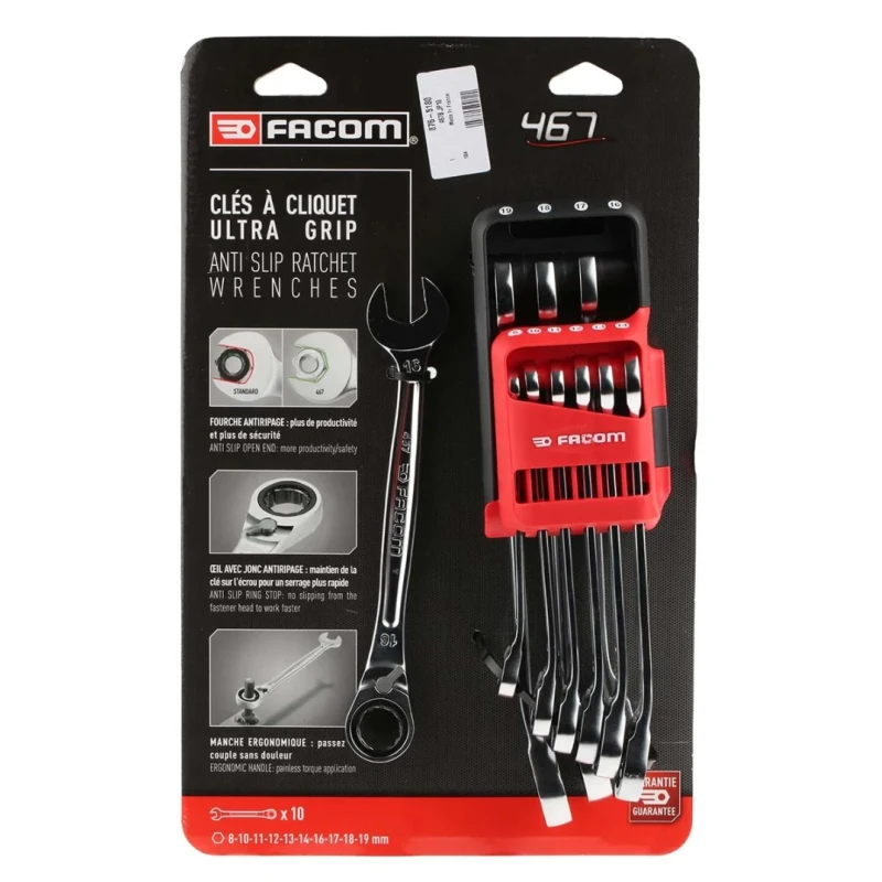 Facom 10-Piece Ratchet Spanner Set, 8 To 19 mm, Chrome Vanadium Steel 467B.JP10PB