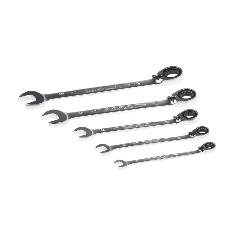 Bahco 5-Piece Ratcheting Ring Spanner Set, 8 to 19 mm, Alloy Steel, Chrome Finish 1RM/S5