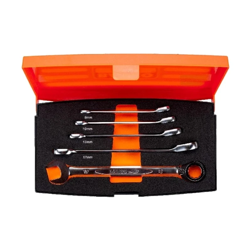 Bahco 5-Piece Ratcheting Ring Spanner Set, 8 to 19 mm, Alloy Steel, Chrome Finish 1RM/S5
