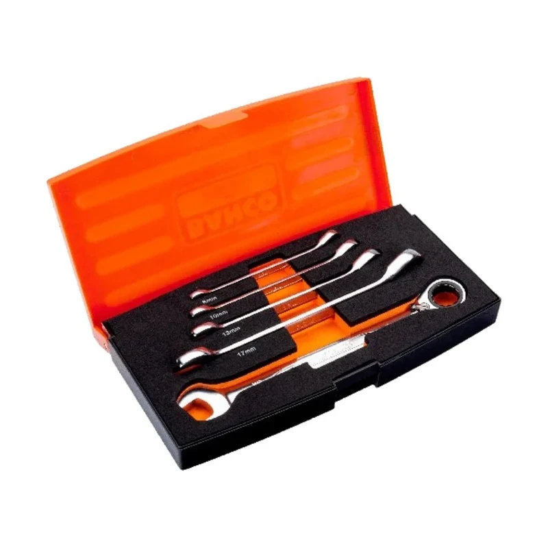 Bahco 5-Piece Ratcheting Ring Spanner Set, 8 to 19 mm, Alloy Steel, Chrome Finish 1RM/S5