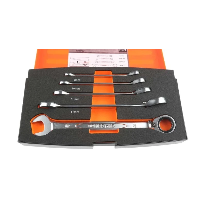 Bahco 5-Piece Ratcheting Ring Spanner Set, 8 to 19 mm, Alloy Steel, Chrome Finish 1RM/S5