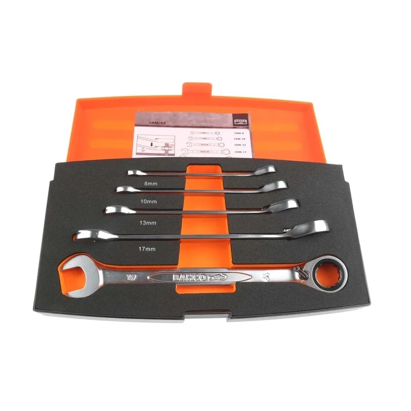 Bahco 5-Piece Ratcheting Ring Spanner Set, 8 to 19 mm, Alloy Steel, Chrome Finish 1RM/S5