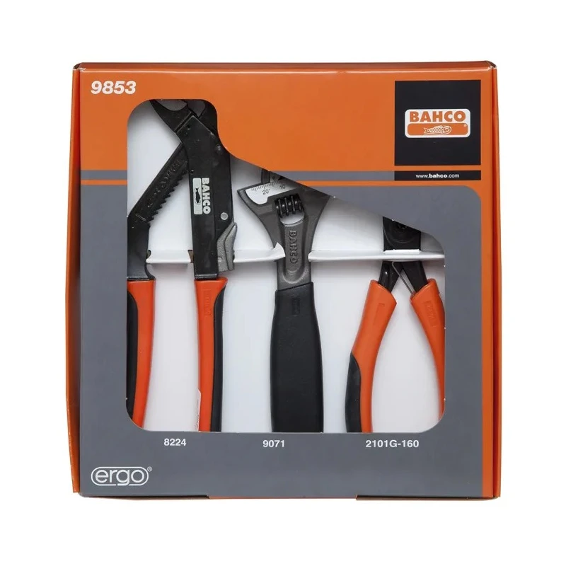 Bahco 3-Piece Plier Set with Adjustable Wrench, Water Pump Pliers, and Cutters 9853