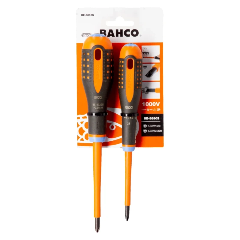 Bahco Insulated Pozidriv and Slotted Screwdriver Set, 2-Piece, Rated 1000V, PZ1 PZ2 BE-9890S