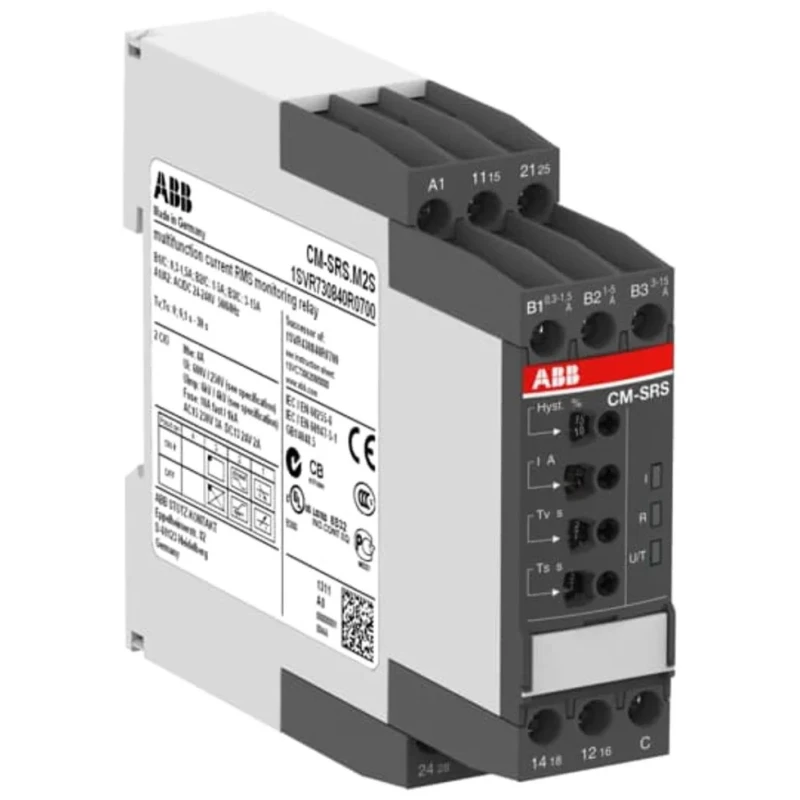 ABB Multifunctional Current Monitoring Relay, 1 Phase, 2 CO, DIN Rail Mount, 24 V DC/AC, IP50 1SVR730840R0600 CM-SRS.M1S