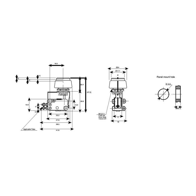 SMC Push Button Pneumatic Manual Control Valve Series, III B, 3 Port 2 Way Normally Closed, Polybutylene VM1000