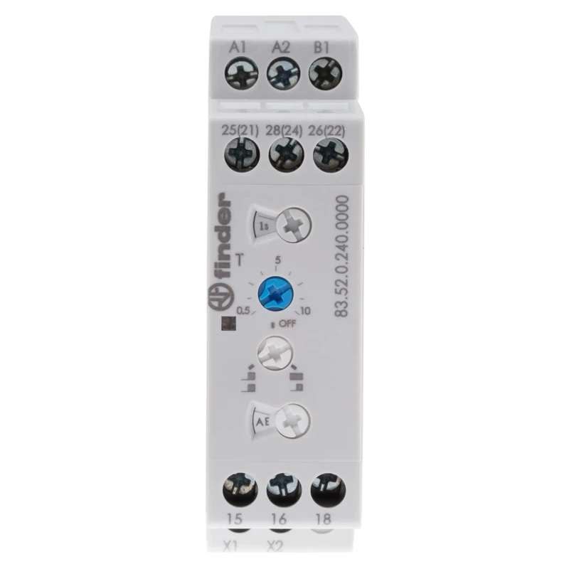 Finder 83 Series DIN Rail Timer Relay Multifunction 2-Contact DPDT 24 to 240 V AC 30A 0.05 s to 10 Days 83.52.0.240.0000