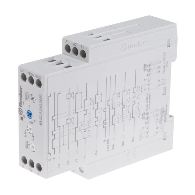 Finder 83 Series DIN Rail Timer Relay Multifunction 2-Contact DPDT 24 to 240 V AC 30A 0.05 s to 10 Days 83.52.0.240.0000