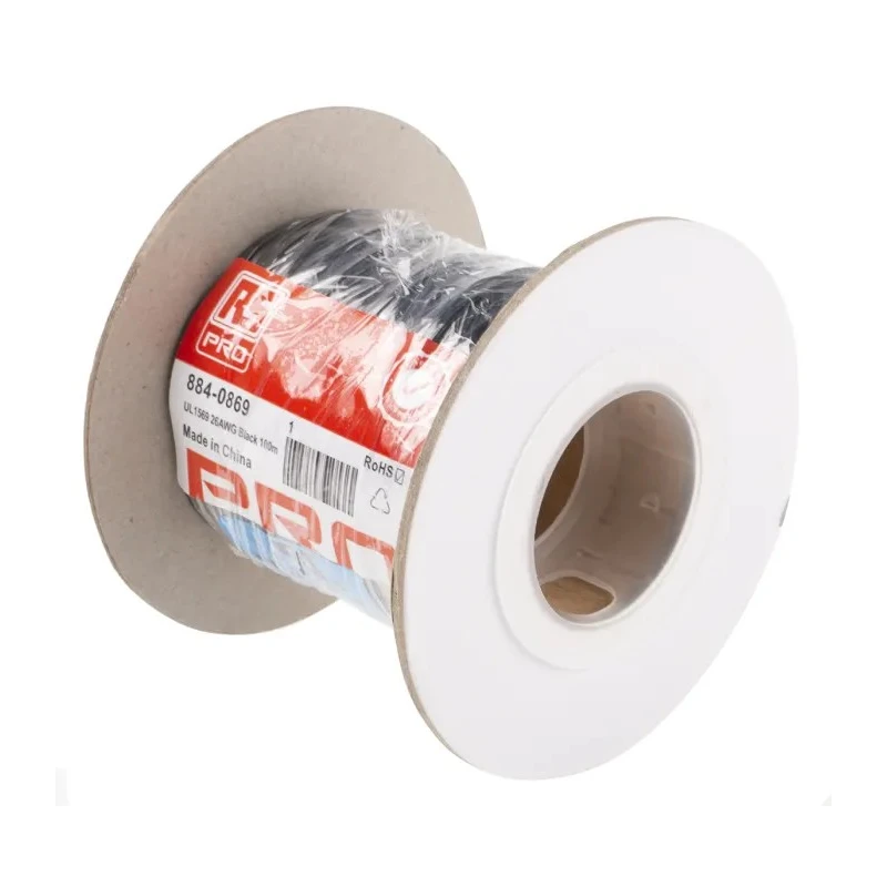 RS PRO Black 0.13 mm² Hook Up Wire, 26 AWG, 7 x 0.16 mm Strands, 100 m Length, PVC Insulated, Tinned Copper 884-0869
