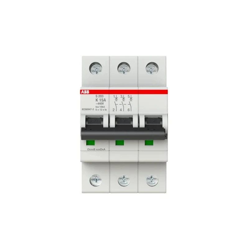 ABB System Pro M Compact S200 Miniature Circuit Breaker 3-Pole 15A Type K 400V AC 110V DC 6 kA Breaking 2CDS253001R0457