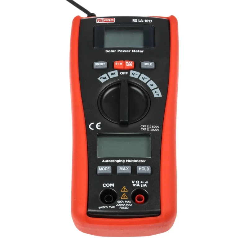 RS PRO Solar Power Meter & Digital Multimeter DT-1307, 1999 W/m² Max Light Level, Resolution 1 W/m², AAA Battery Powered