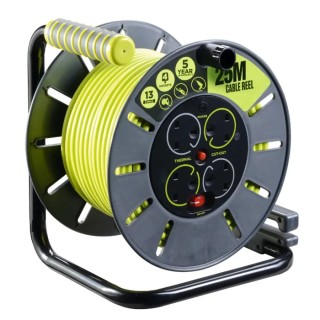 RS PRO Robust 25 m Cable Reel with 4 Type G British Standard Sockets 13A, 240V, PVC Jacket HO5VV-F Series 889-2490