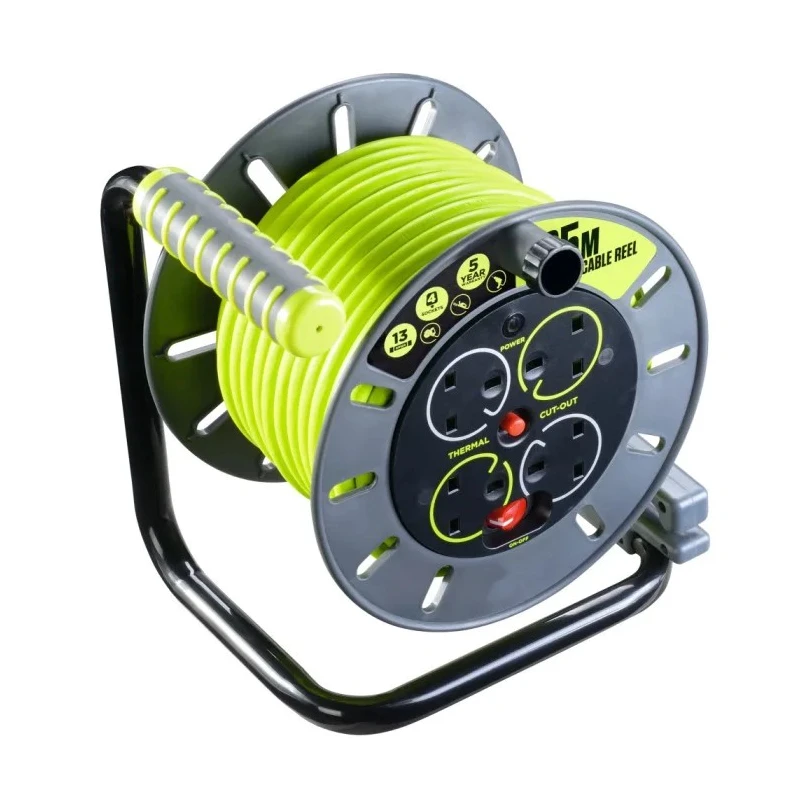 RS PRO Robust 25 m Cable Reel with 4 Type G British Standard Sockets 13A, 240V, PVC Jacket HO5VV-F Series 889-2490