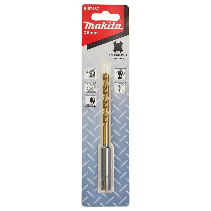Makita Aluminium Drill Bit 6 mm Diameter, 123 mm Overall Length, SDS Plus Shank, HSS-TiN Coated B-57467
