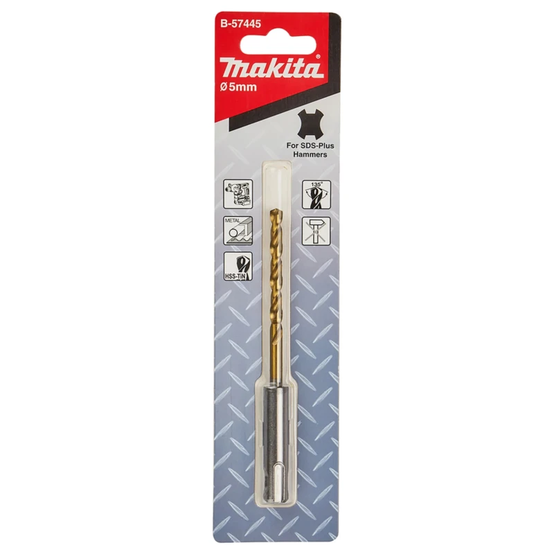 Makita High Speed Steel Tin Drill Bit 5 mm Diameter 116 mm Overall Length SDS Plus Shank B-57445